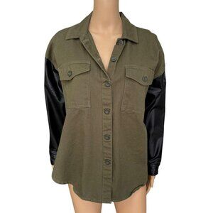 Altar'd State Womens Shacket Jacket Button  Olive Pockets Faux Leather Sleeves S